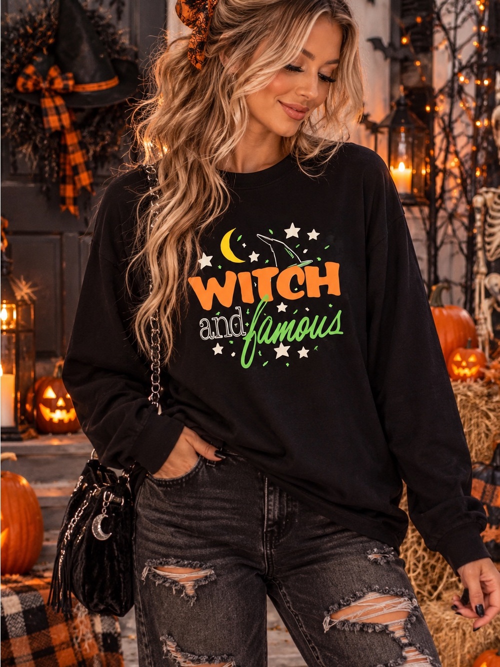 Womens Black Halloween Graphic Print “Witch And Famous” Long Sleeve Tee Size L